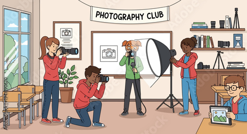 Diverse students learning photography in a classroom club with cameras and lighting