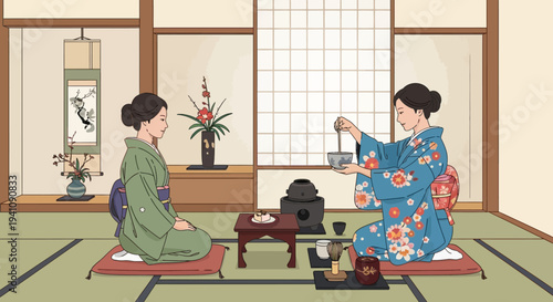 Japanese Women in Kimonos Performing Traditional Tea Ceremony in Tatami Room