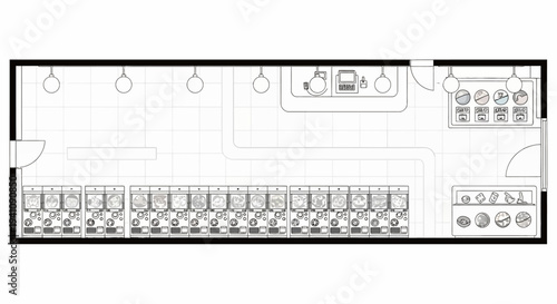 Laundromat floor plan blueprint with washing machines and dryers, architectural drawing