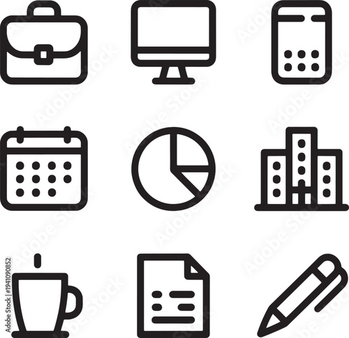 Business office icons set including professional tools for corporate management and finance planning