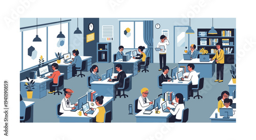 Modern Office Environment with Diverse People Working on Computers