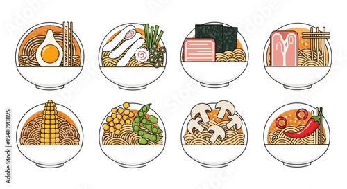Set of Japanese Ramen Bowls with Various Toppings, Flat Illustration