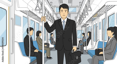 Commuter Man in Suit on Crowded Train, Holding Briefcase and Pole