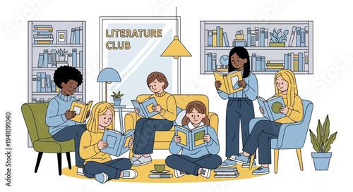 Diverse Kids Enjoying Literature Club Meeting, Reading Books Together