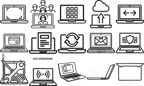 Collection of laptop icons depicting various digital technologies and concepts