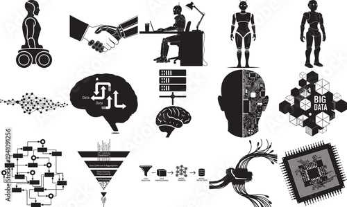 Black and white illustration depicting artificial intelligence and data concepts