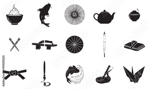 Collection of black silhouette icons representing japanese culture and objects
