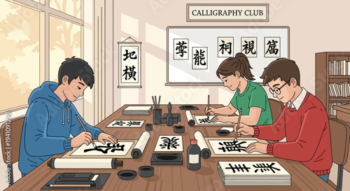 Students learning calligraphy in a club, practicing traditional Asian writing art