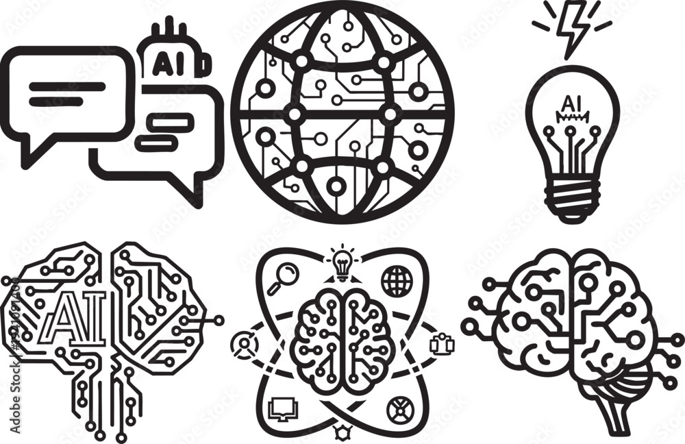 Naklejka premium Artificial intelligence concepts illustrated with black and white line icons