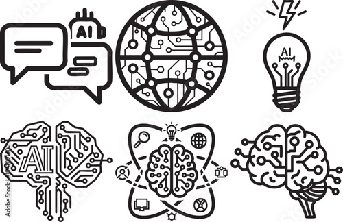 Artificial intelligence concepts illustrated with black and white line icons