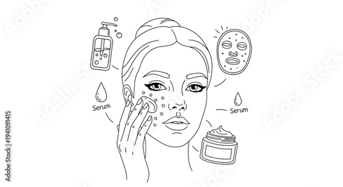 Skincare routine illustration featuring a woman applying products for radiant skin and complexion