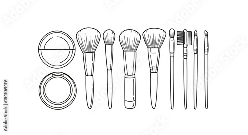 Elegant line art illustration showcasing various makeup brushes and powder compacts for beauty