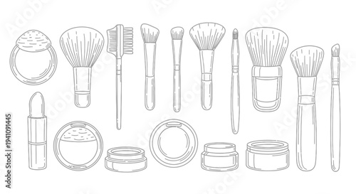 Hand-drawn makeup brush and cosmetic collection for beauty and fashion concept illustration