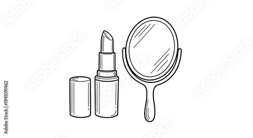 Elegant black and white line art illustration of lipstick and a hand mirror showcasing beauty