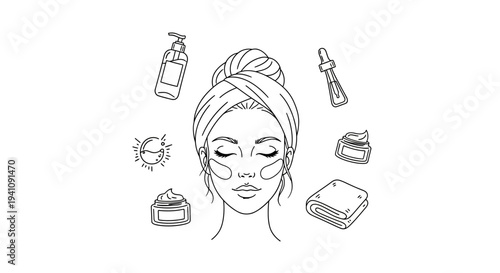 Woman with facial mask and skincare products, representing self-care and beauty routine with clean