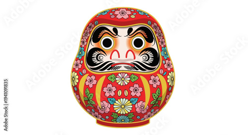 Daruma Doll, Japanese Lucky Charm, Red, Floral Pattern, Traditional Toy