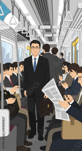 Businessman Commuting on Crowded Train, Japanese Commuter Lifestyle