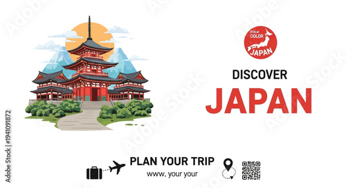 Discover Japan: Traditional Pagoda Temple, Mountains, Sun, and Travel Icons