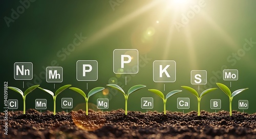 Young plant seedlings growing in soil with chemical element symbols showcasing essential nutrients for healthy agriculture and plant growth under sunlight