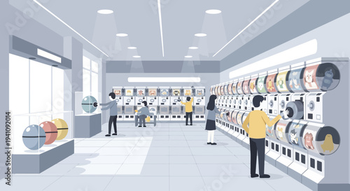 People Enjoying Gachapon Machines in a Bright, Modern Entertainment Arcade