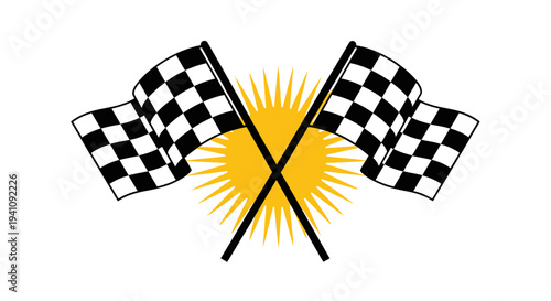 Two checkered flags crossed in front of a stylized sun, symbolizing victory and racing