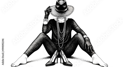 Stylish Woman Sitting in Fedora Hat and Black Outfit, Retro Fashion Illustration