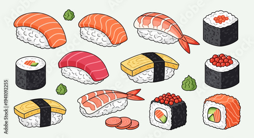 Assortment of Delicious Sushi and Rolls on a Light Background