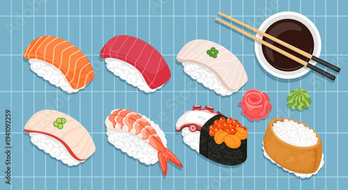 Assortment of Delicious Sushi and Sashimi on a Blue Grid Background