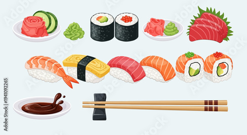Assortment of Fresh Sushi and Sashimi Dishes with Chopsticks and Soy Sauce