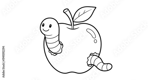 Cute Worm Emerging from a Bitten Apple - Outline Drawing