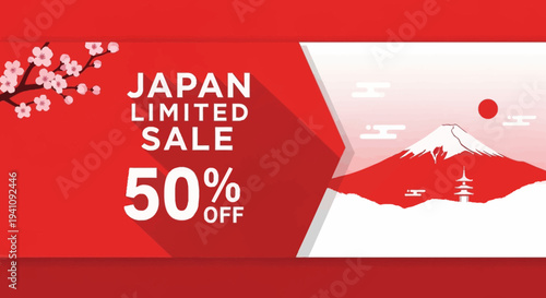 Japan Limited Sale Banner with Mount Fuji and Cherry Blossoms, 50% Off Promotion