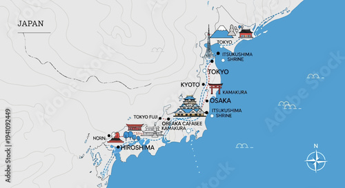 Japan Travel Map: Tokyo, Kyoto, Osaka, Hiroshima - Iconic Landmarks & Cities