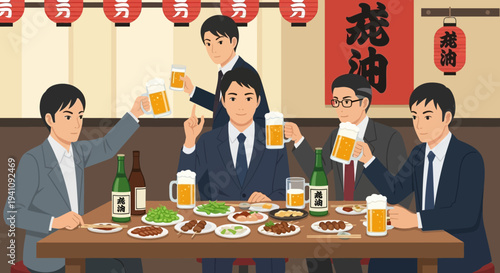 Japanese businessmen enjoying drinks and food at a lively izakaya