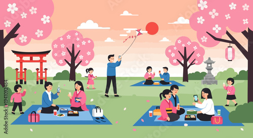 Japanese Family Picnic Under Cherry Blossoms, Hanami Festival Celebration