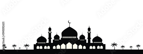 Black Mosque Silhouette Icon – Islamic Architecture Religious Symbol Vector.