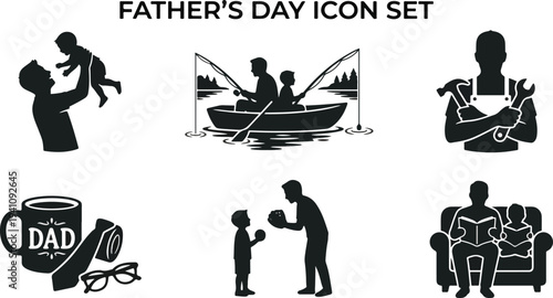  Father's Day 2026: Comprehensive Minimalist Solid Black Silhouette Icon Set of Dad Activities  Fishing, Reading, Playing Catch, Handyman, and More - Isolated Vector Art for Commercial Use  