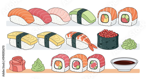 Assortment of Fresh Sushi and Rolls on a Wooden Shelf with Soy Sauce and Wasabi