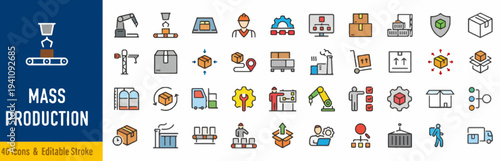 Mass production icons collection featuring industrial symbols and machinery in a modern flat design style
