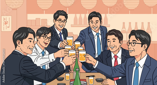 Japanese businessmen celebrating with beer after work in izakaya