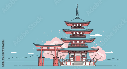 Japanese Pagoda and Torii Gate with Cherry Blossoms, Traditional Architecture