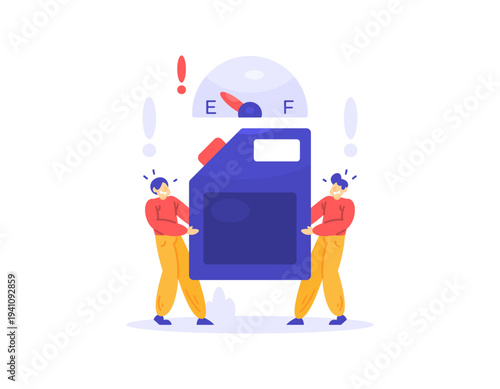 The concept of a global fuel and energy crisis. The world's fuel stock or supply is depleted. Competition for oil. Illustration of two men fighting over a jerry can of gasoline. Metaphor, flat 