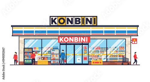 Konbini convenience store facade with customers entering, Japanese retail concept