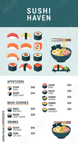 Japanese Sushi Menu with Ramen Bowl and Chopsticks - Food Photography