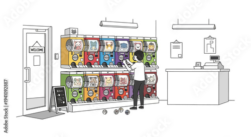 Man buying capsule toy from gachapon machine in store, entertainment, fun, childhood