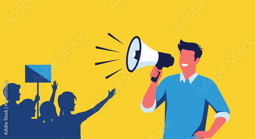 Strong leader speaking through megaphone to a crowd of people protesting with signs for social justice against yellow background.