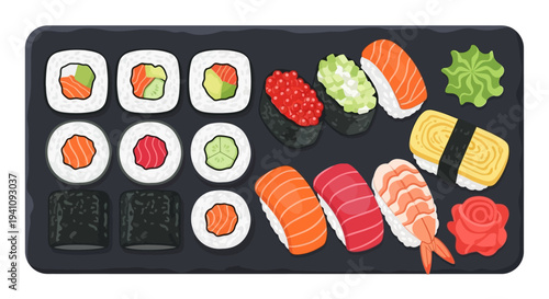 Assorted Sushi Platter on Black Slate: Salmon, Tuna, Shrimp, Roe, Tamagoyaki, Maki Rolls
