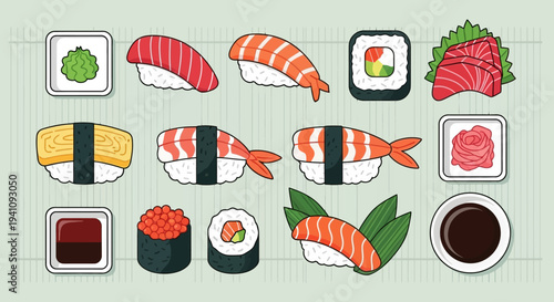 Assortment of Delicious Sushi and Sashimi Dishes on a Light Green Background