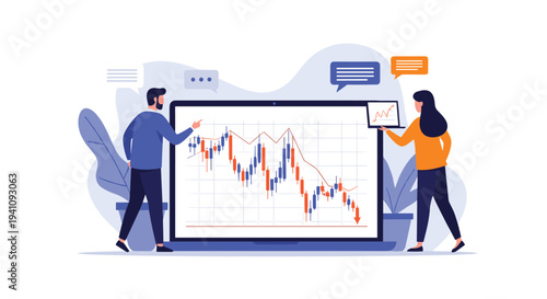 Professional business analysts discussing financial market trends on a large computer screen showing candlestick charts.