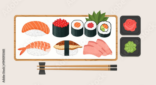 Assortment of Sushi and Sashimi on a Platter with Chopsticks and Condiments
