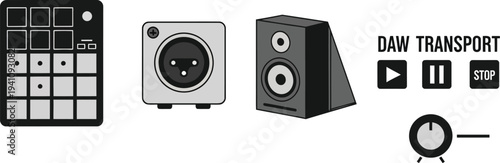 Various music production hardware icons show a MIDI controller, audio connector, studio monitor speaker, and DAW transport controls.